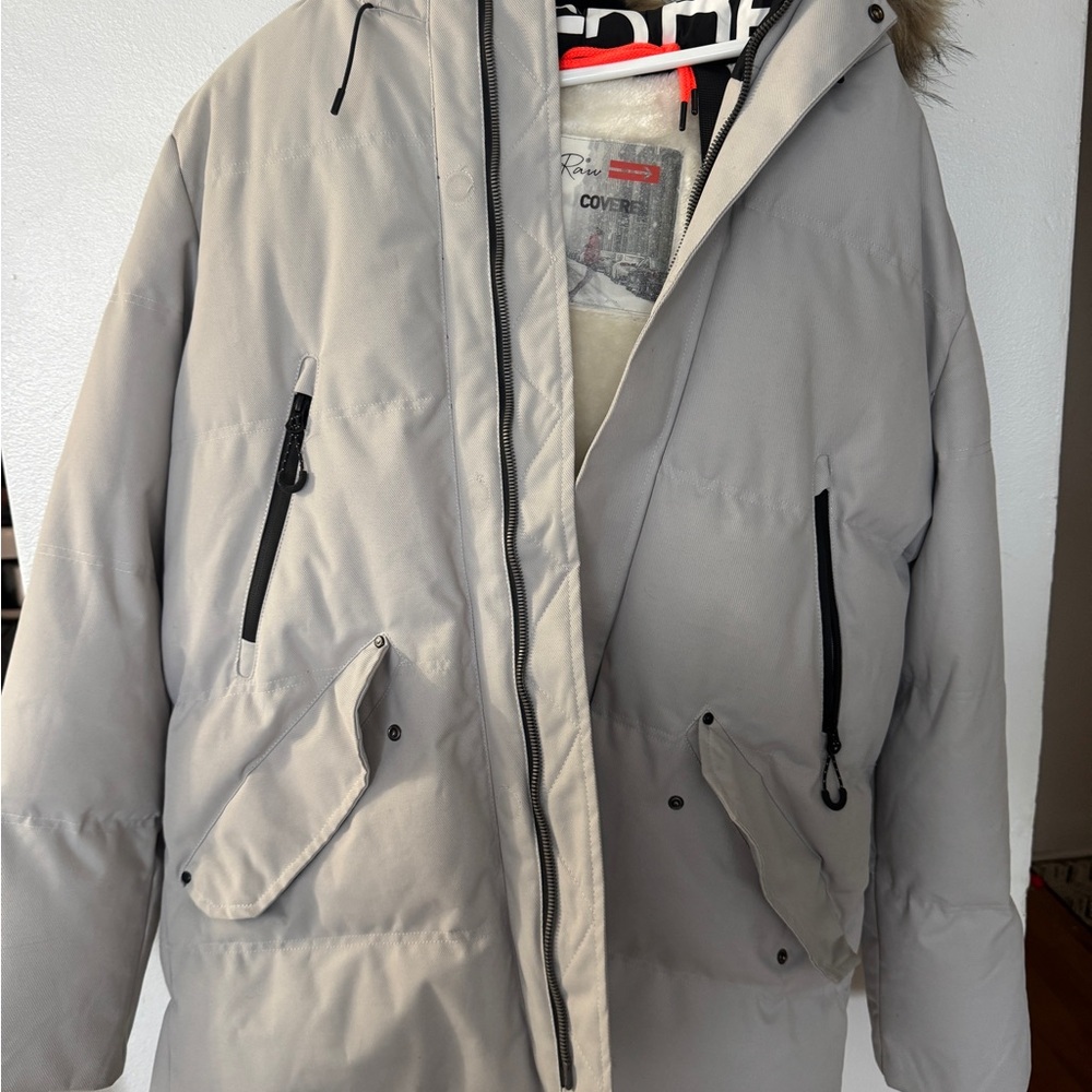 Gray Hooded Puffer Jacket with Fur Trim